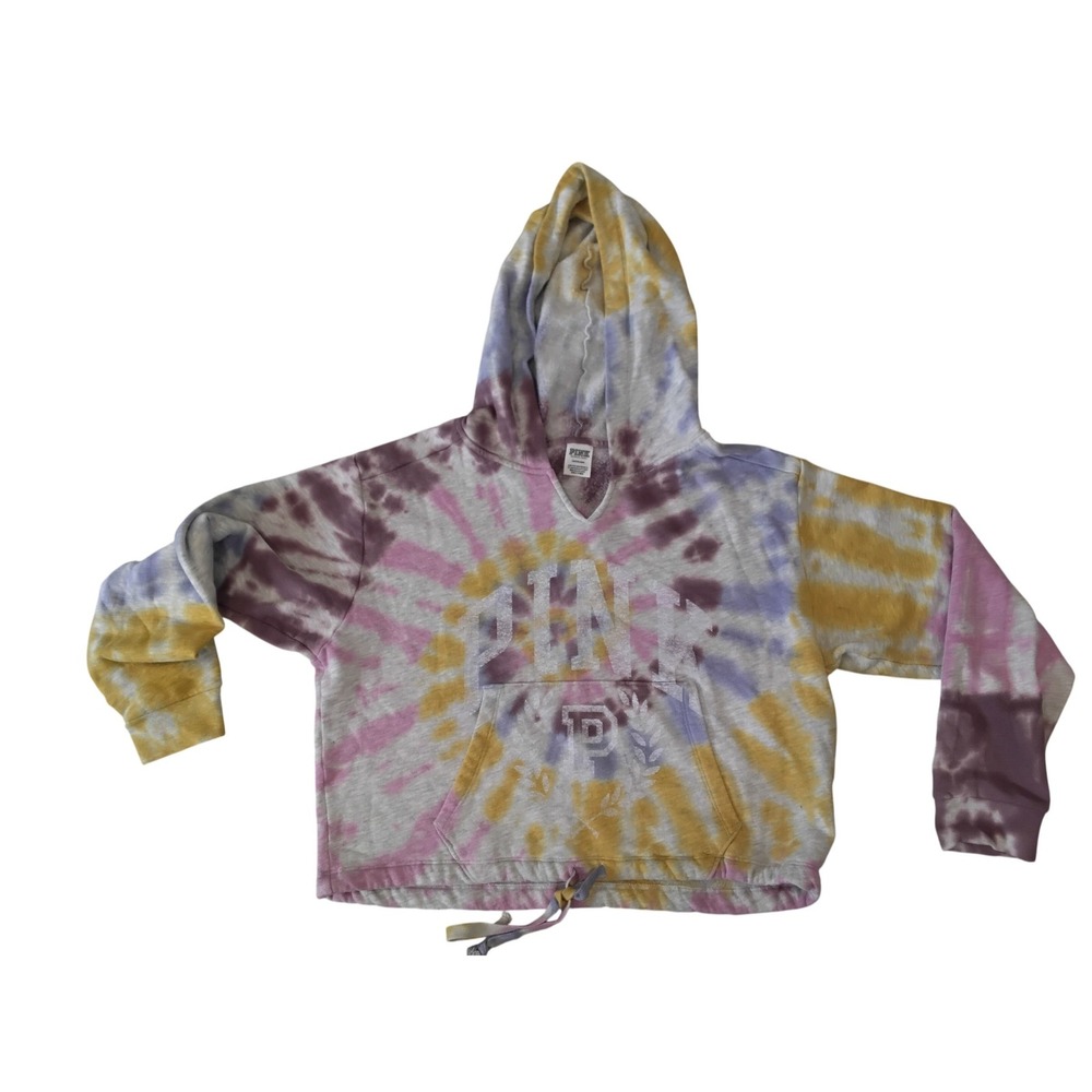 PINK Victoria's Secret Tie Dye Cropped Hoodie Purple‎ Yellow Large L Relaxed Fit